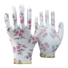 NMSAFETY EN388 13 g polyester doublure imprimé fleurs PU gant de sécurité bonne performance